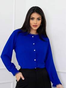 camisa social feminina manga longa com renda tecido duna