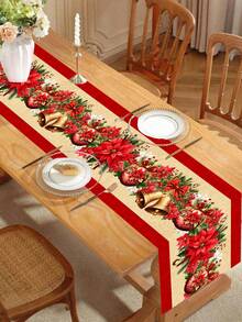 1pc 35*180cm/13.78*70.87inch Christmas Table Runner, Holiday Fabric Decor Tablecloth, Red Christmas Flower, Christmas Ball & Bell Pattern Long Rectangular Tabletop Cloth, Suitable For Christmas Home Decor - Christmas - View 9