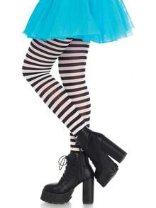 Women's Nylon Striped Tights - Black/Neon Pink - View 2