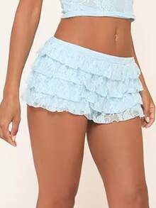 Women Lolita Bloomers Cute Ruffle Shorts Lace Pumpkin Pants Boyshorts Layered Bottoms Y2k Sweet Pettipants - Màu xanh nhạt - Xem 3