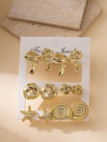 2-10件/套海星、贝壳、蝴蝶结和不对称个性化休闲耳环套装。适合派对、礼物、海滩、生日、休闲日常佩戴 - 金色 - 查看 2