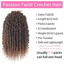 3 Packungen Passion Twist Häkelhaare für Frauen, vorgeschlungenes Häkelhaarteil mit lockigen Enden 8/12 Zoll - Ombre-Braun - Übersicht 2
