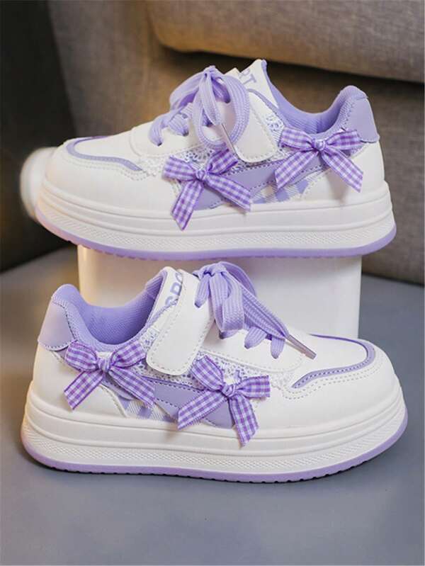 1 pereche pantofi sport pentru copii, la modă, confortabili, cu fund moale, cu fundă tricotată, drăguți, cu cârlig și buclă din PU, pentru fete, casual, versatili, cu plată, potriviți pentru toate anotimpurile