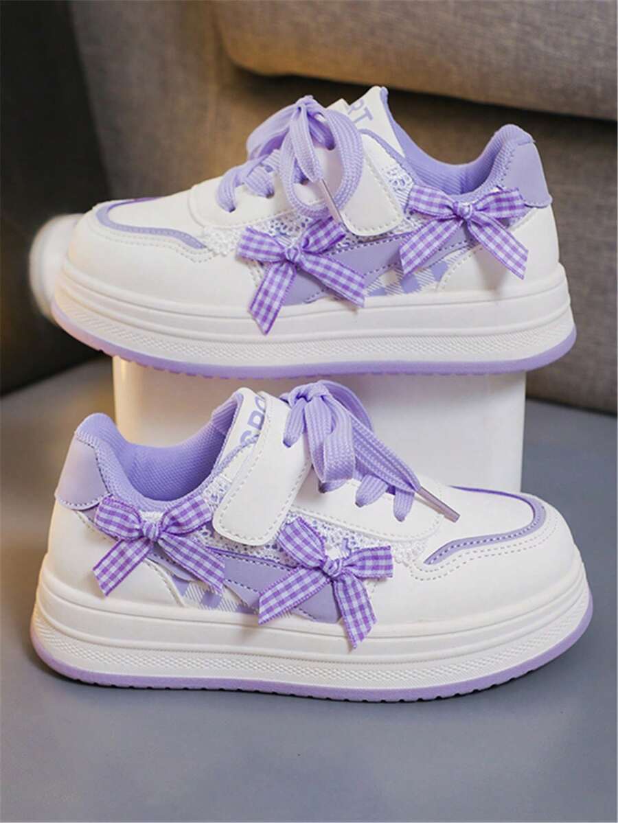 1 par de zapatos deportivos planos, versátiles y casuales para niñas, con correa de punto con lazo, suela suave y cómoda, cierre de gancho y bucle, adecuados para todas las estaciones