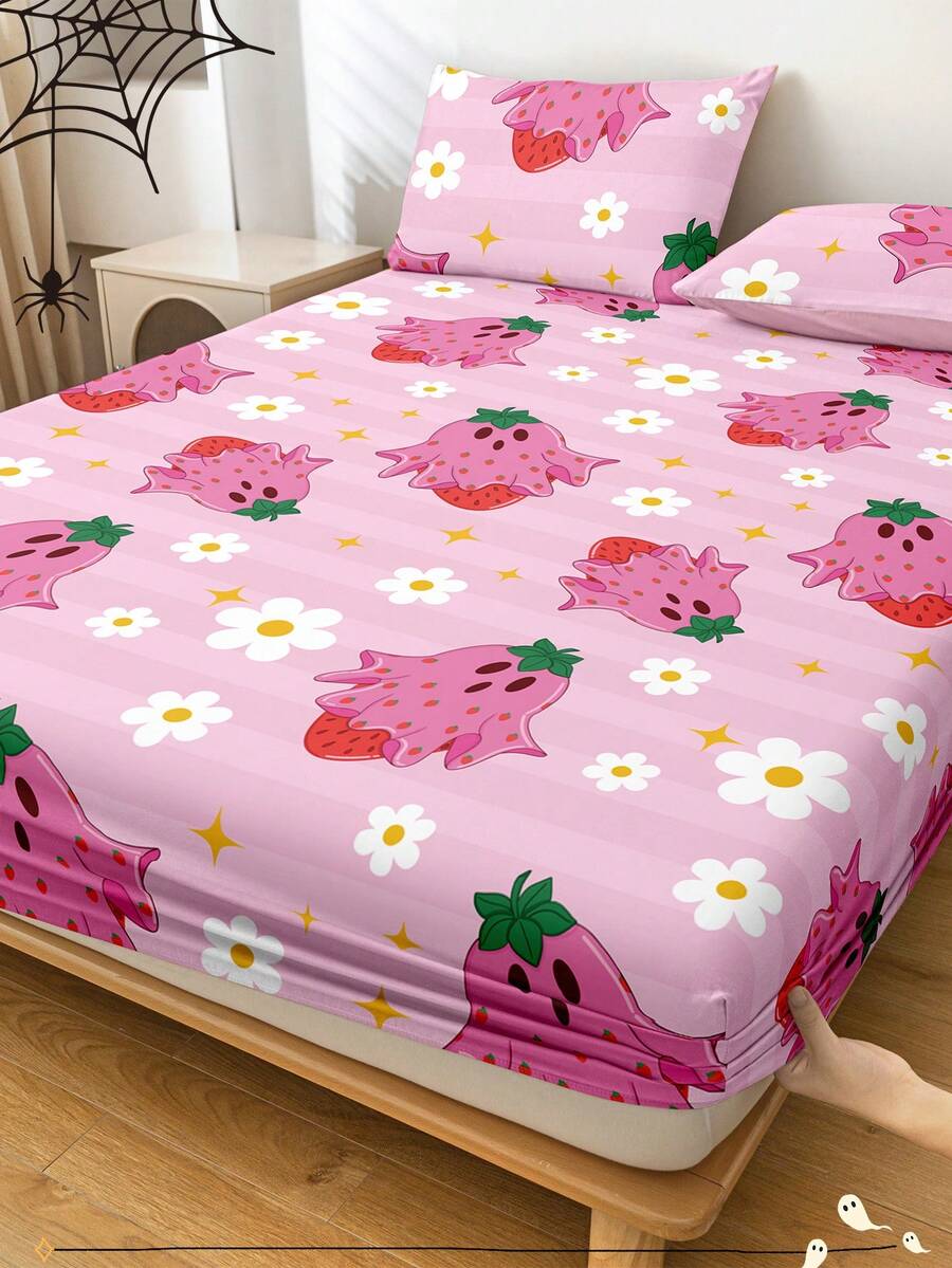 万圣节主题床笠，万圣节主题床垫保护套，床罩，舒适透气，抗起球，粉色卡通图案床罩，房间装饰，防尘防滑，适用于所有床型 - 单人床、双人床、大号床、特大号床，四季皆宜，不含枕头和枕套，可机洗，节日礼物，秋季装饰，房间装饰 - 彩色 - 查看 1