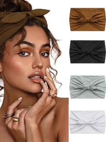 发带女式吸汗带 1 件宽兔耳头带，适合女士，可爱甜美纯色发饰，弹性打结蝴蝶结头带，适合美容和休闲场合，适合发带秋季配饰 - 彩色 - 查看 1
