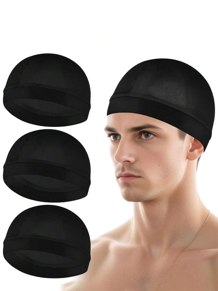 3pcs Solid Color Satin Elastic Shower Cap, Soft Breathable Hair Wrap, Sleeping Cap, Unisex Suitable For Sleeping, Shower, Sports, Hip-Hop Enthusiasts - Multicolor - View 1