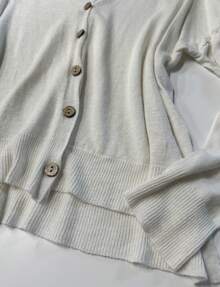 Solid Color Casual Cute Ribbed Knit Button Front Buttons Holiday Daily Autumn - 奶油色 - 查看 4