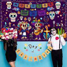 1 Pc Spooky Happy Halloween Banner, 72x44 Inch | Day Of The Dead Backdrop, Dia De Los Muertos Decorations | Spanish Happy Halloween Banner Decorations, Dia De Los Muertos Backdrop - 彩色 - 查看 6