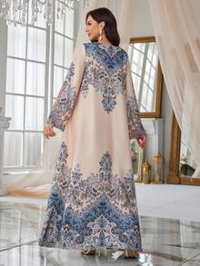 Abito con stampa grafica, scollo a V e maniche a campana