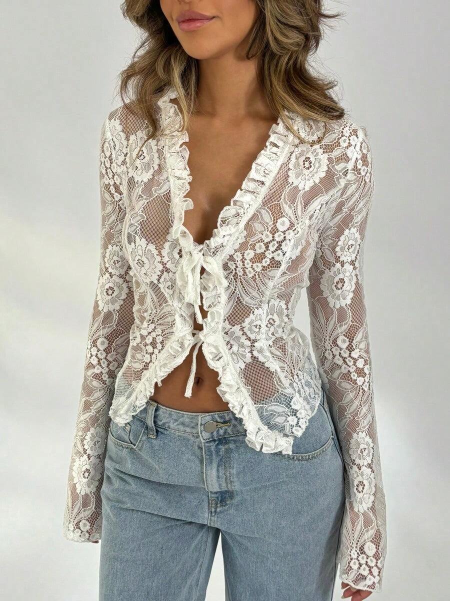 Lace Sheer Crop Cardigan:White Floral Lace, Deep V, And Ruffled Edges. Adds A Delicate, Chic Touch To Denim Or Dress Looks. - 白色 - 查看 1