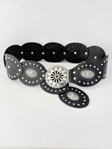 Hershine Nowy pasek w stylu retro western cowboy w stylu boho z 2025 roku. Pasek w stylu punk, w kolorze antycznego brązu, z owalną, ażurową klamrą w kształcie kwiatu, ze skóry PU, z metalową klamrą w kształcie głowy byka i ozdobnymi dodatkami.