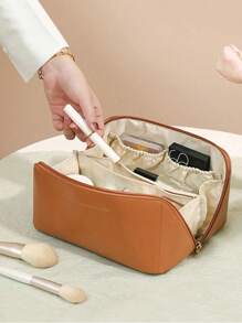 1 geantă de machiaj, geantă cosmetică din piele PU impermeabilă, geantă de toaletă portabilă, organizator de machiaj cu strat dublu de mare capacitate