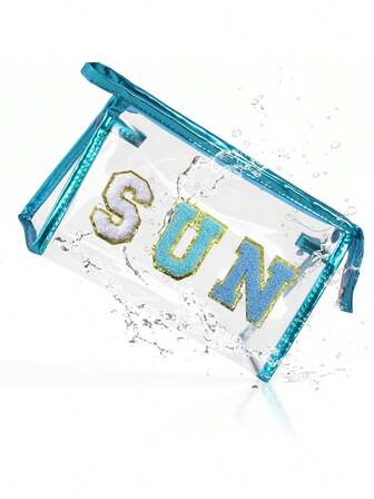 1pc SUN Transparent Blue Cosmetic Bag Sun Protection Bag Beach Holiday Essentials Waterproof Summer Items Travel Toiletry Bag Women Teenagers Personalized Gift With College Style Plush Letters