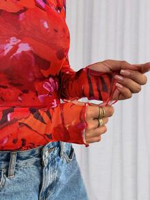 Womens Long Sleeve Going Out Tops  Fall Mesh Floral Blouses Slim Fitted Shirts Date Night Outfits - 橘紅大花 - 查看 5