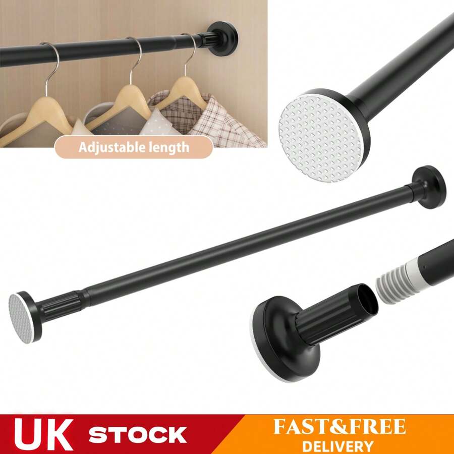 AutoFu Telescopic Net Voile Tension Curtain Rail Pole Rod Rods Extendable Spring Loaded, Wardrobe Rail, Extendable Wardrobe Pole, Heavy Duty Clothes Rail With End Sockets, Adjustable Wardrobe Rail For Wardrobe, Balcony, Bathroom - Black- 90-160cm - View 1