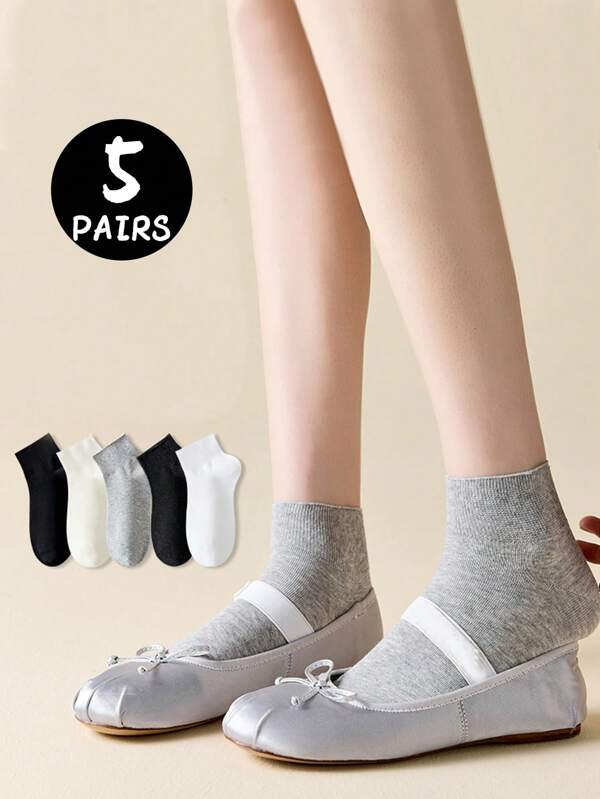 5 paires de chaussettes courtes de couleur unie mignonnes pour femmes, chaussettes courtes respirantes et absorbantes, convenant pour être portées avec des ballerines, printemps/été