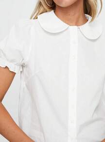Women's Summer Button Down Blouses Casual Stylish Solid Doll Collar Bubble Short Sleeve Tops - trắng - Xem 4