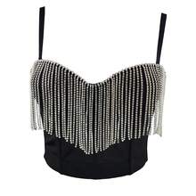 Camisola de corsé corta con borlas de diamantes de imitación para mujer, camisola sexy de color liso, sin espalda y a la moda - Negro - Ver 8