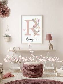 1pc Custom Name Art Poster Personalized Pink Flowers Hanging Picture Aesthetic Hanging Pictures Nursery Decoration Poster Girls Bedroom Decor Birthday Gift No Frame - Orange - View 2