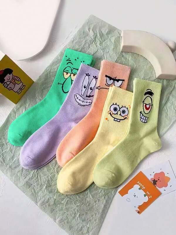 SPONGEBOB 5 Pairs Crew Socks For Couples, Cute Cartoon Spongebob, Octopus, Starfish Designs, Comfortable Breathable Casual Loungewear