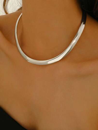1pc Minimalist Fashion Metal Line Choker Necklace, Silver C-Shape Open Collar Necklace, Daily Jewelry For Women