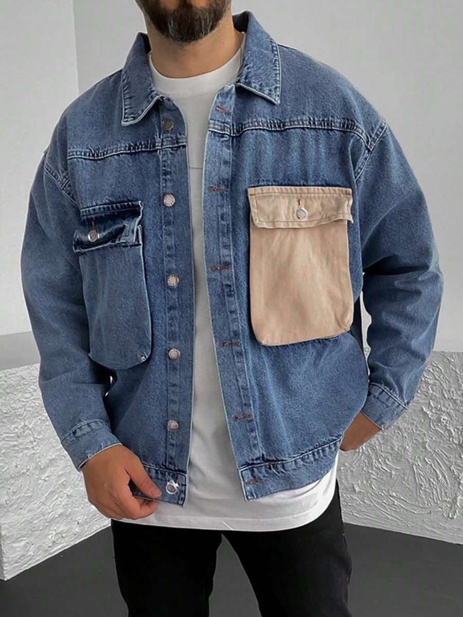 男士浅蓝色牛仔休闲拼接多口袋宽松夹克，秋季 - 藍色 - 查看 1