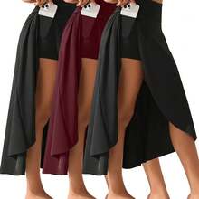 Local Shipping- [Athletic Skirt] 3pcs High-Waisted Athletic Asymmetrical Split Skirt | Women's Mid-Calf Flowy A-Line Culottes With Pockets, Comfort Fit Stretchy Fabric For Running, Gym & Casual Sportswear - Black/Blue/Red