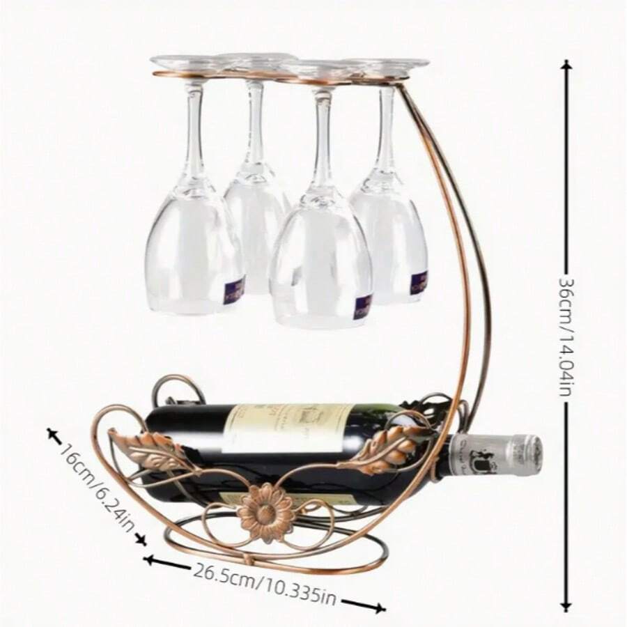Modern Wrought Iron Wine Glass Rack - Vertical Metal Bottle Rack, Tabletop Stemware Rack, Inverted Wine Glass Display, Can Hold 1 Bottle Of Wine And 4 Glasses, No Assembly Required - Gold - View 1