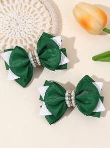 2 件国庆节绿色珍珠蝴蝶结发夹，可爱女孩发夹适合派对和日常生活 - 綠色 - 查看 2