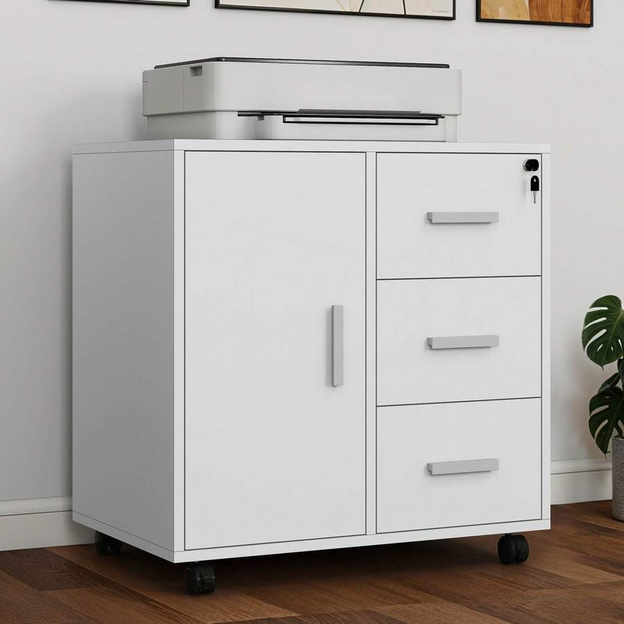 BALCONERA Black 3-Drawer Lockable Mobile File Cabinet – 4-Wheel Rolling Storage With 1 Door & Printer Stand Function (60 X 40 X 57cm) – For Home Office - White - View 1