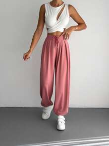Pantalones casuales plisados de modal, unicolor - Rosa - Ver 3
