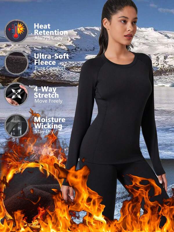 Women's Thermal Underwear, Fleece Lined Warm Base Layer Shirt For Autumn/Winter, Suitable For Home Sleepwear, Outdoor Sports Like Skiing, Hunting, And Cold Weather Insulation