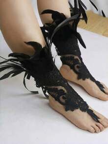 2pcsLadies' Halloween Dark Feather Lace Hooked Finger Gloves Party Ball Black Lace Bracelet Wrist Accessories Women's Black Lace Feather Gloves Witch Angel Costume Accessories Swan Wing Wristband