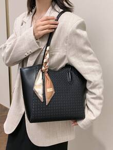 优雅托特包单肩包时尚鳄鱼压纹吊饰精致围巾商务办公大容量咖啡色