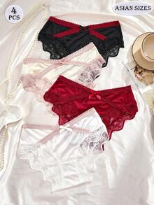 4 peças [ especial exclusiva] Calcinha triangular feminina sexy com borda de renda translúcida, confortável e suave para a pele, romântica, com design de laço fofo real, estilo fada doce (vermelho e branco), calcinha feminina vermelha para uso diário