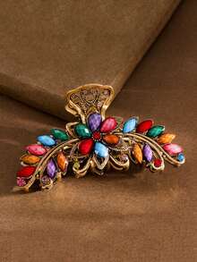 1pc Oversized Vintage Palace Style Hair Clip, Women's Daily Braided Hair Accessory, Matching Cheongsam And Hanfu, Blue Sapphire Imitation Green Alloy Hair Clip Decorated With Colorful Crystals, Retro European And American Style, Oversized Design, Suitable For New Year, Holidays, Birthday Gifts And Daily Elegant Attire, Holiday Accessories, European And American Style Hair Accessories, Women's Claw Clip, Autumn Accessories, Floral Hair Claw, Autumn/Winter Holiday Attire. Flower Hair Clip - Multicolor - View 9