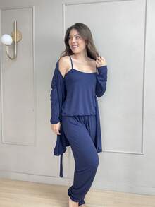 Women's Pajama Set With Robe In Suede Knit, Comfortable, Casual, Elegant - 藏蓝色 - 查看 1
