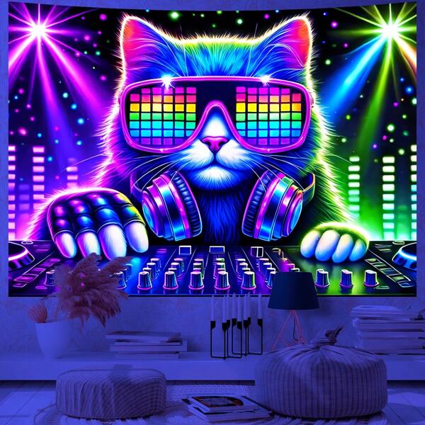 1pc Neon DJ Cat UV Reactive Tapestry Vibrant Glowing EDM Party Scene Retro Song Lyrics Decor Music Room Wall Art For Bedroom Studio Gift For Music Lovers​ Free Installation Package Easy To Hang