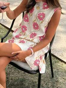 Ärmellose Damen Blumen-Tank-Kleid mit Rundhalsausschnitt, Strandtunika im A-Linie Stil, Sommerbeachwear - Heißes Pink - Übersicht 4