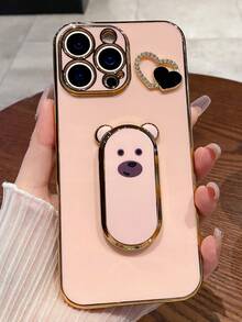 1pc Electroplated Cute Bear Grip Phone Case, Hidden Kickstand Shock-Proof Ultra-Thin Protective Cover Anti-Drop Camera Lens Full Coverage Soft Phone Case, Compatible With IPhone 7/8/11/12/13/14/15/X/XR/Xs/Plus/Pro/Pro Max/SE2/Mini Series Waterproof Scratch Resistant