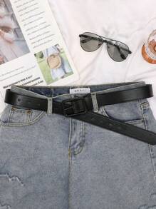 1 件装电镀扣加大码百搭流行男士腰带，扣式皮带，休闲简约腰带，百搭扣装饰牛仔裤 - 黑色 - 查看 3