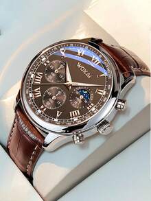 1 件男士商务三眼罗马数字表盘石英皮革表带手表，适合日常佩戴、生日、送给她的礼物、周年纪念、年终促销、光棍节、万圣节促销，无礼盒 - 銀色 - 查看 1