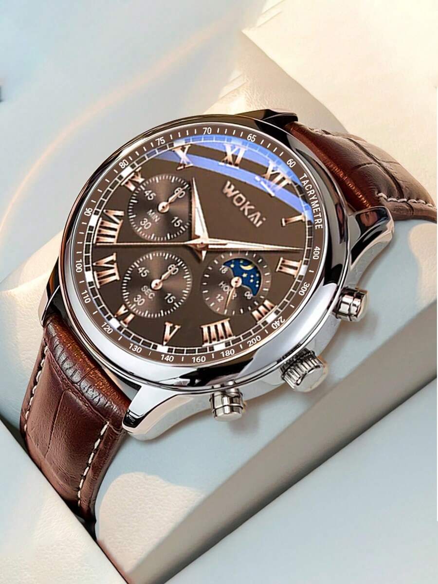 1 件男士商务三眼罗马数字表盘石英皮革表带手表，适合日常佩戴、生日、送给她的礼物、周年纪念、年终促销、光棍节、万圣节促销，无礼盒 - 銀色 - 查看 1