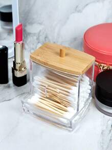 1 حامل أعواد القطن من الأكريليك مع غطاء من البامبو، موزع أعواد القطن الصغيرة الشفافة، حامل أعواد الأذن البلاستيكية، حاوية تخزين أعواد الأسنان، منظم تخزين ديكوري لأعلى الحمام