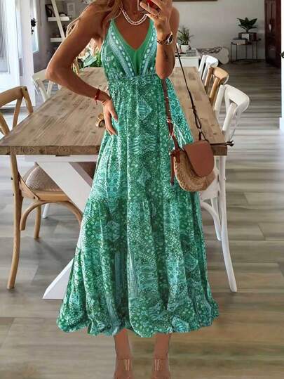 Vestido bohemio de estilo veraniego nuevo para mujer, con cuello en V y cintura alta con estampado floral disperso