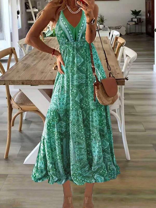 فستان من النمط البوهيمي الجديد للصيف، للسيدات بخصر عالي و رقبة على شكل حرف V بطبعات أزهار منتشرة