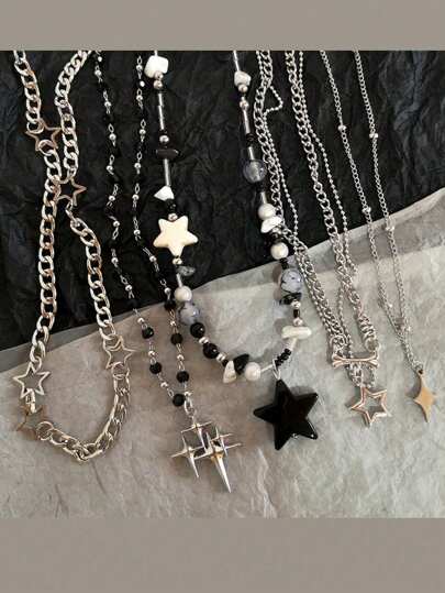 5 piezas Gargantilla con colgante de estrella vintage gothic, cadena de color plateado con cuentas, para mujeres y hombres, accesorio de joyería estética Kpop Grunge Y2K EMO