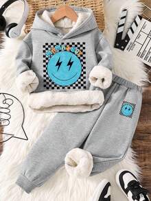 男童卡通印花保暖连帽衫和运动裤套装 - 灰色 - 查看 1