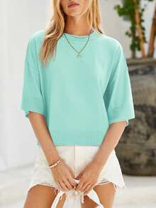 Womens Short Sleeve Sweater Summer Oversized Cropped Sweaters Casual Crewneck Lightweight Knit Tops - Mint Green - View 2